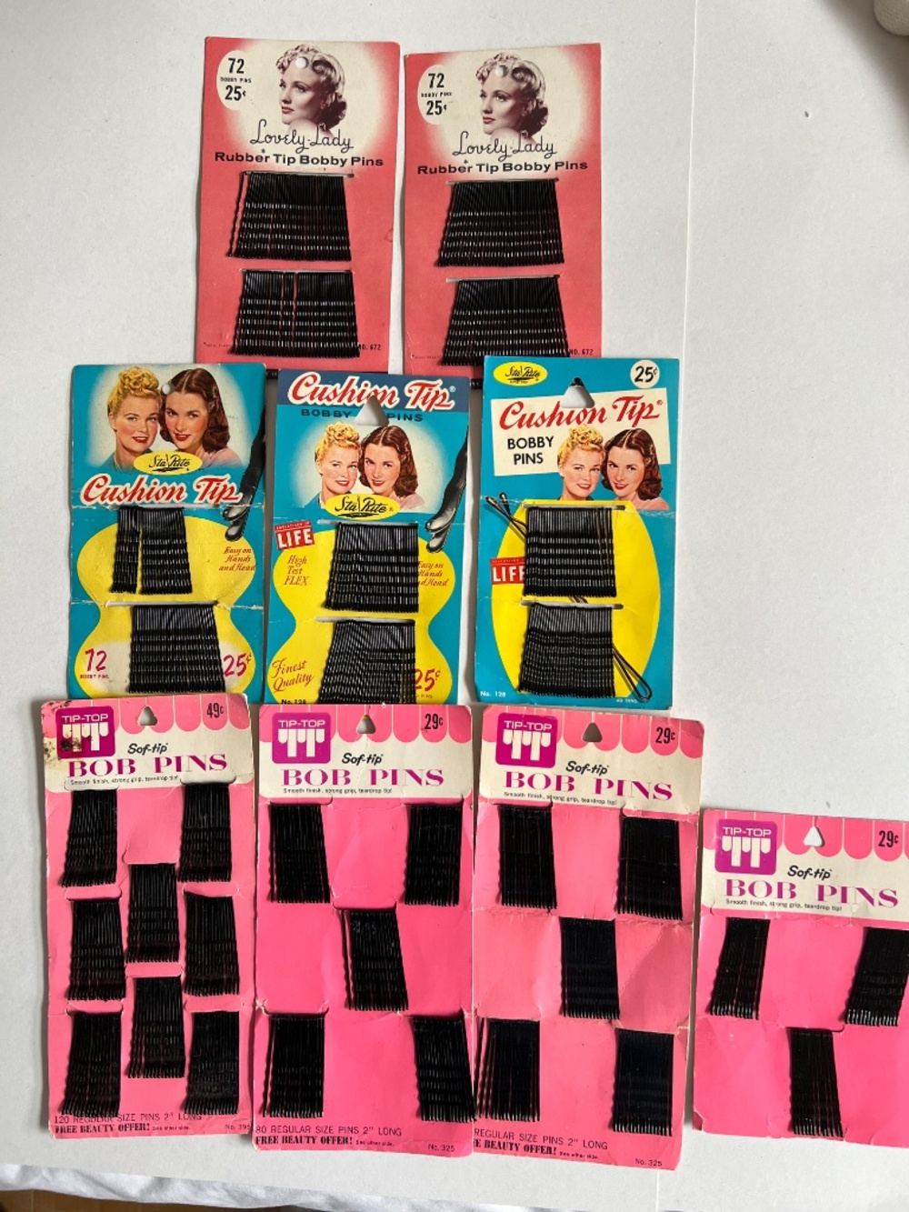 Vintage Bobby Pins 9 Cards Sta/Rite Tip Top Cushion Tip Hair Pins  2" Long 40s